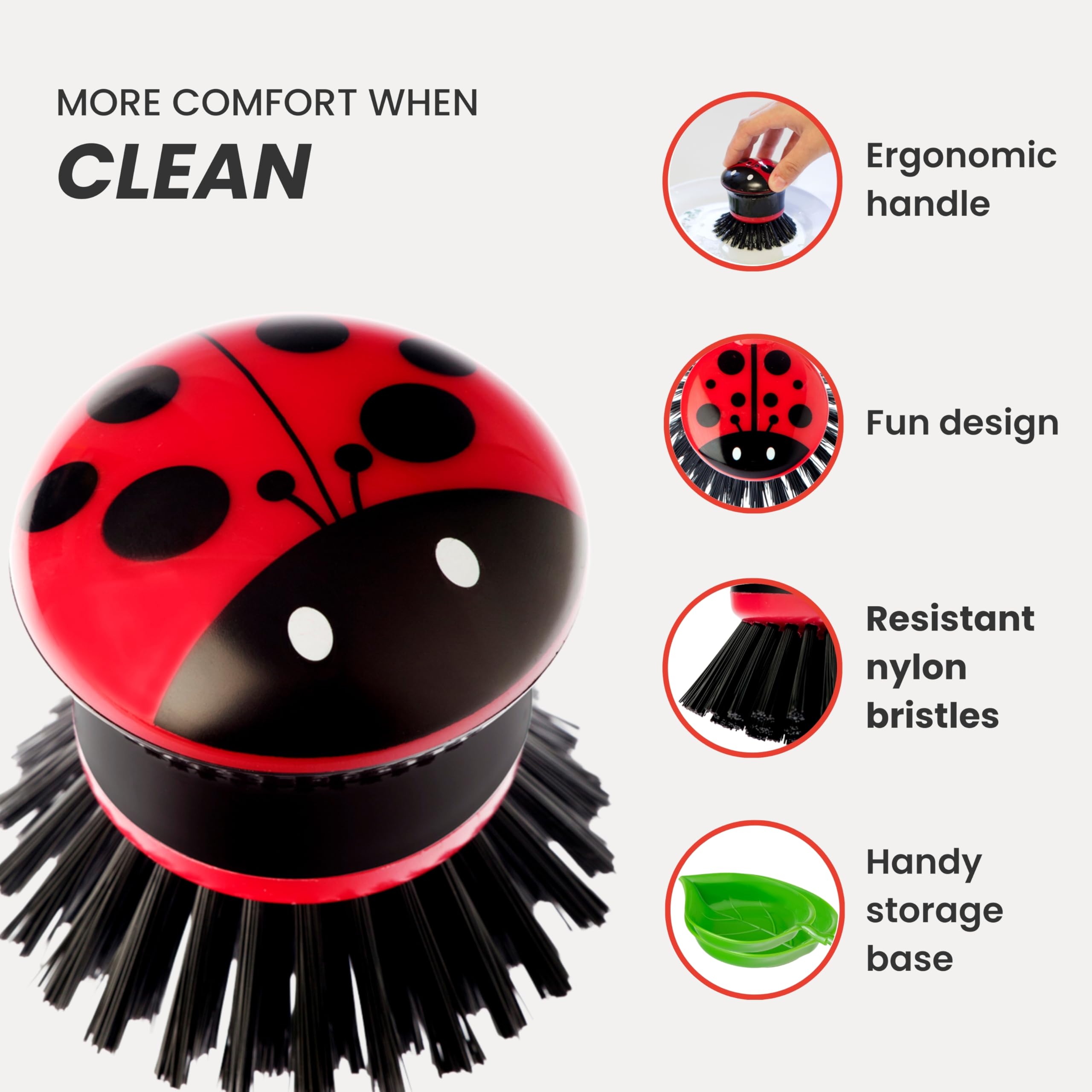 Vigar Ladybug palm dish scrub brush in red with holder keeps counters dry.