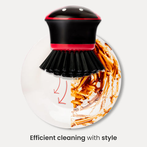 Vigar Ladybug palm dish scrub brush resting in its holder on a kitchen shelf.