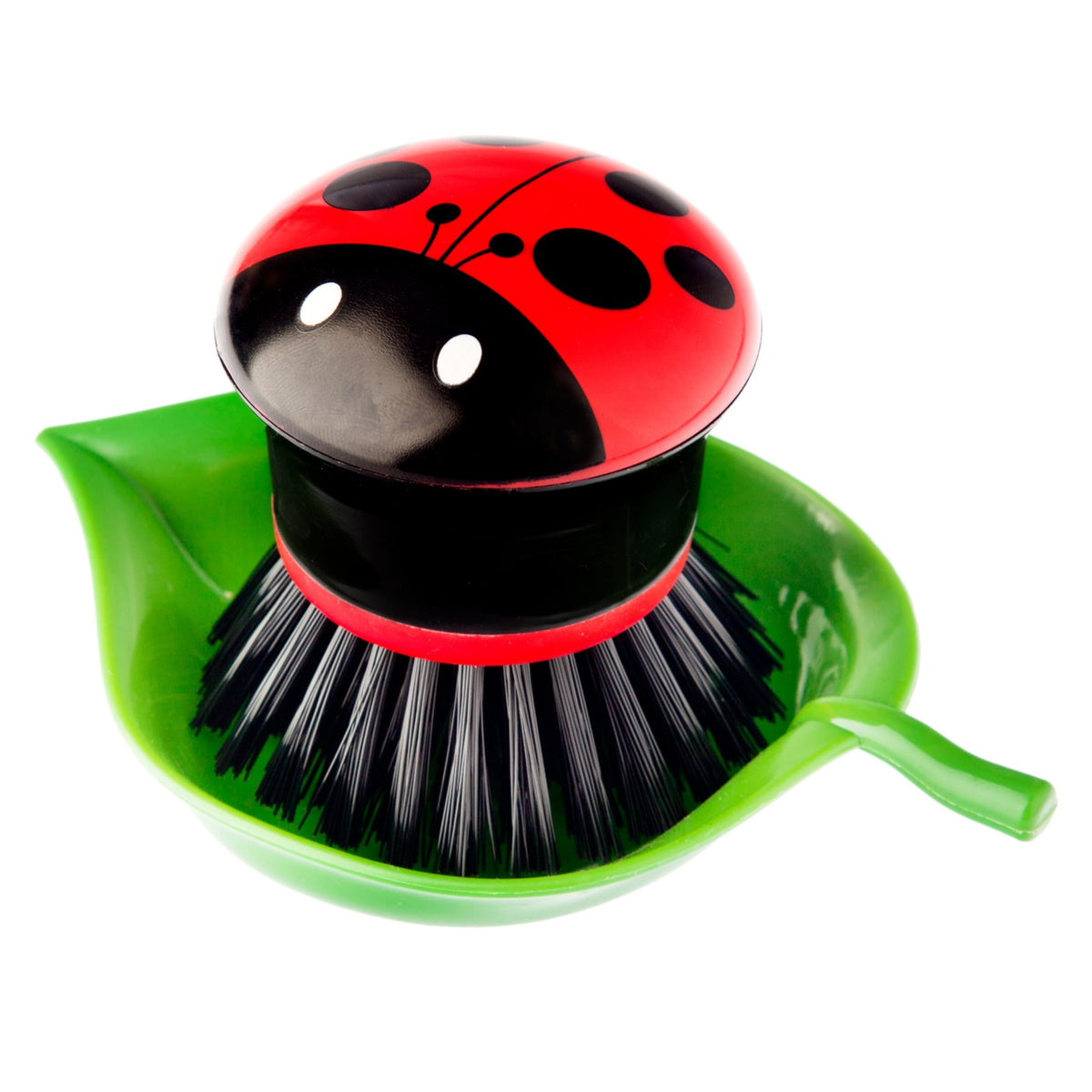 Vigar Ladybug palm dish scrub brush in red for gentle, effective dish cleaning.