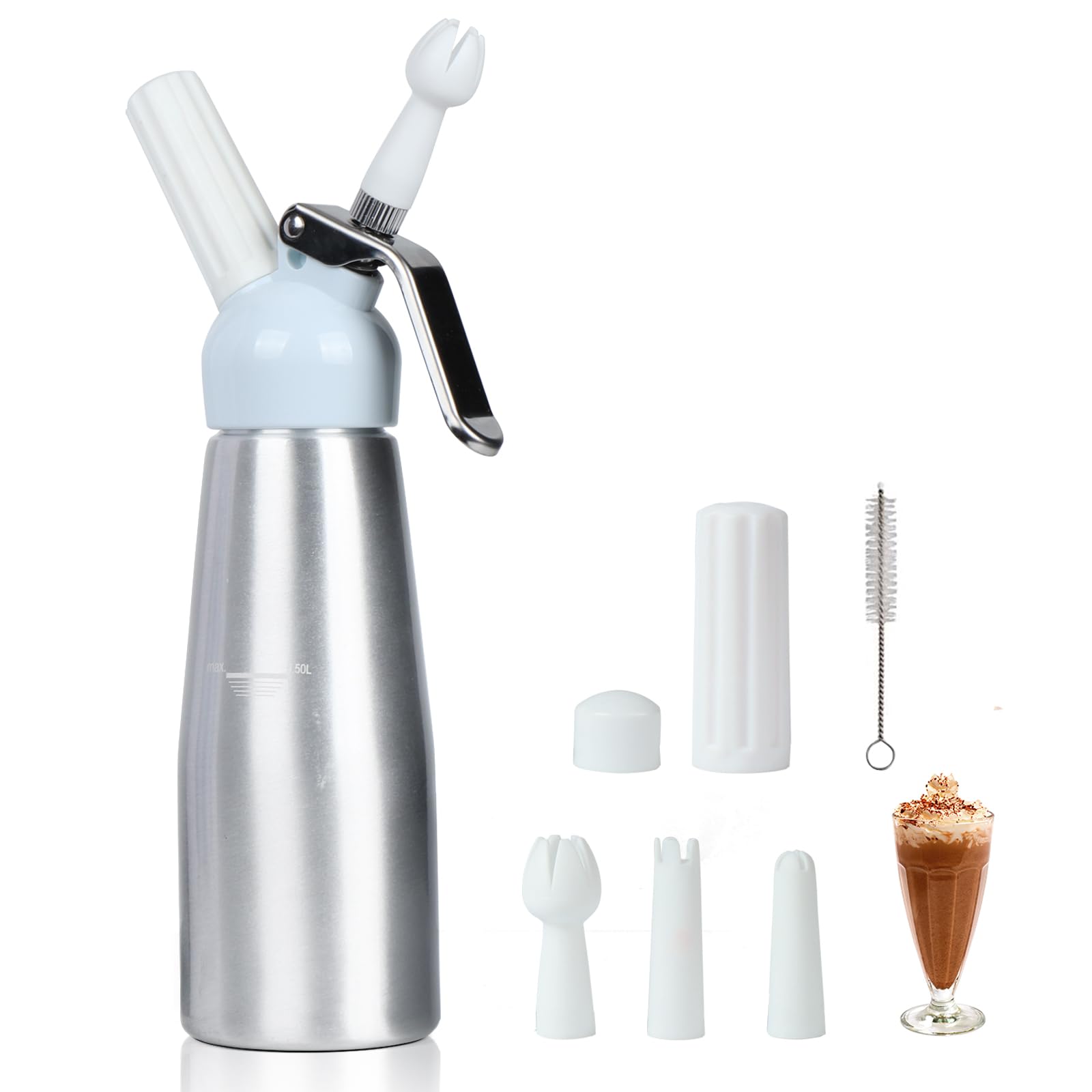 VIGIND 500ml whipped cream dispenser in aluminum body for smooth toppings.