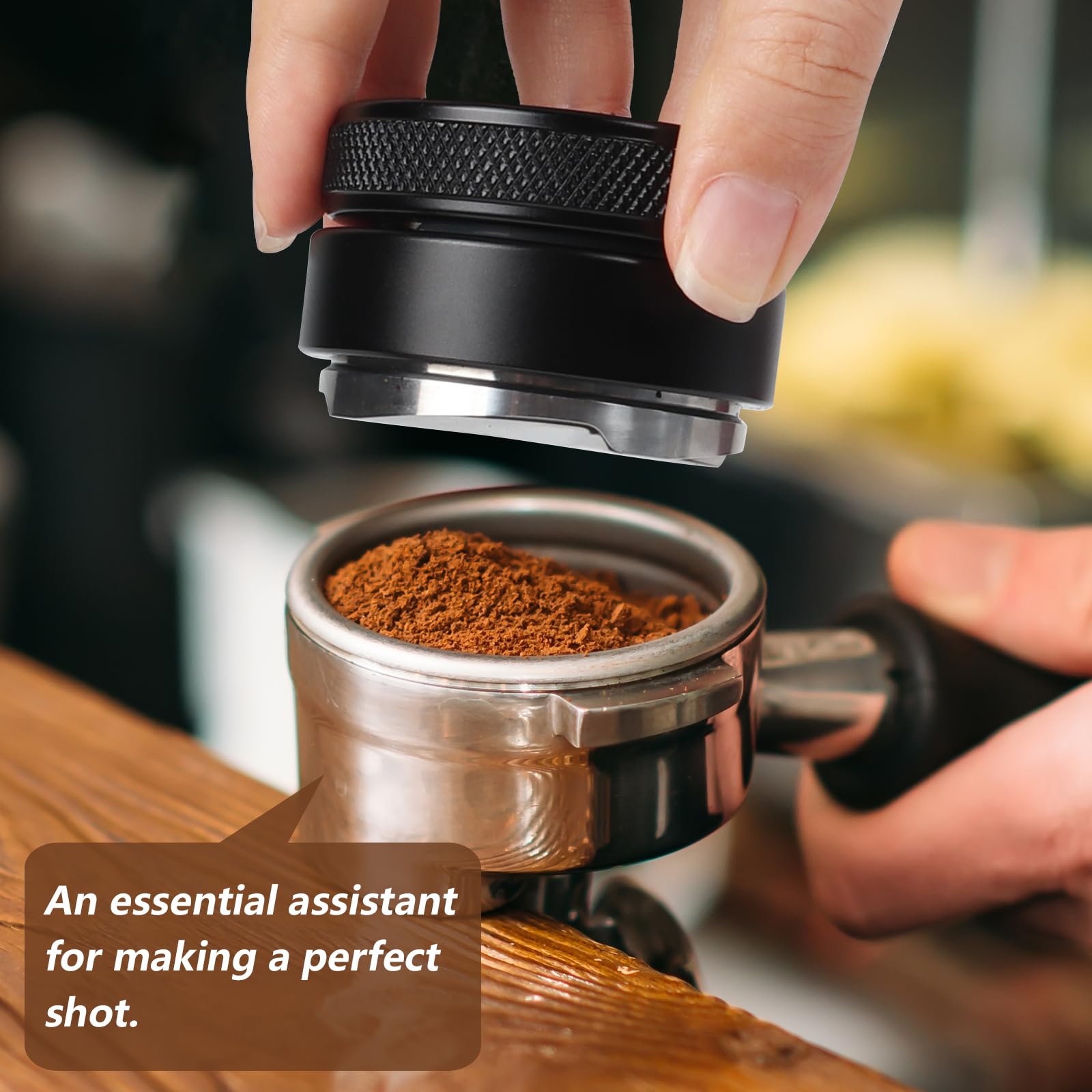 VIGIND 58mm coffee distributor base close-up reveals solid stainless steel construction