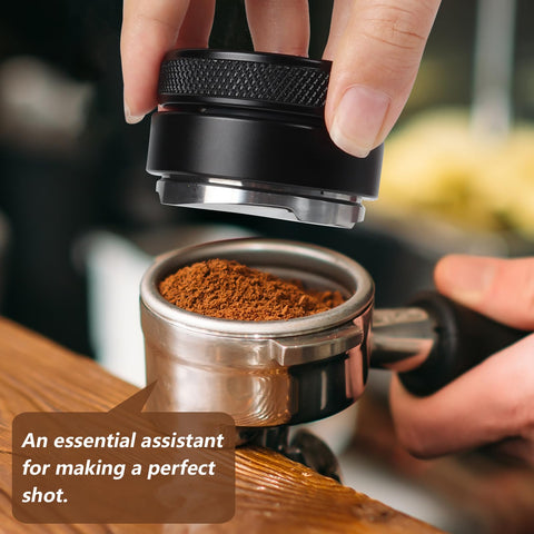 VIGIND 58mm coffee distributor base close-up reveals solid stainless steel construction