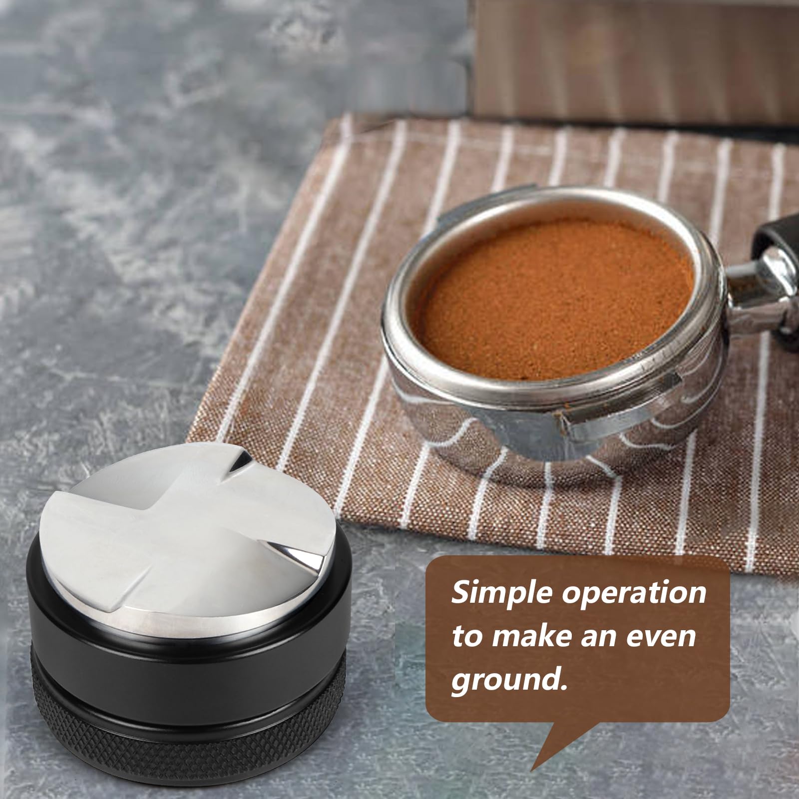 VIGIND 58mm coffee distributor in use demonstrates even tamp prep