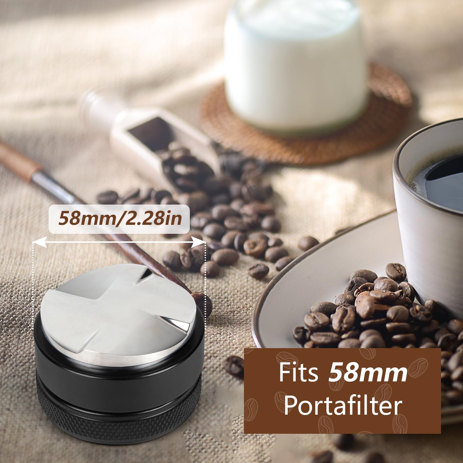 VIGIND 58mm coffee distributor side view highlights compact ergonomic profile