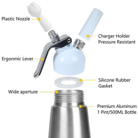 VIGIND aluminum canister emphasizes durable construction for reliable cream making.