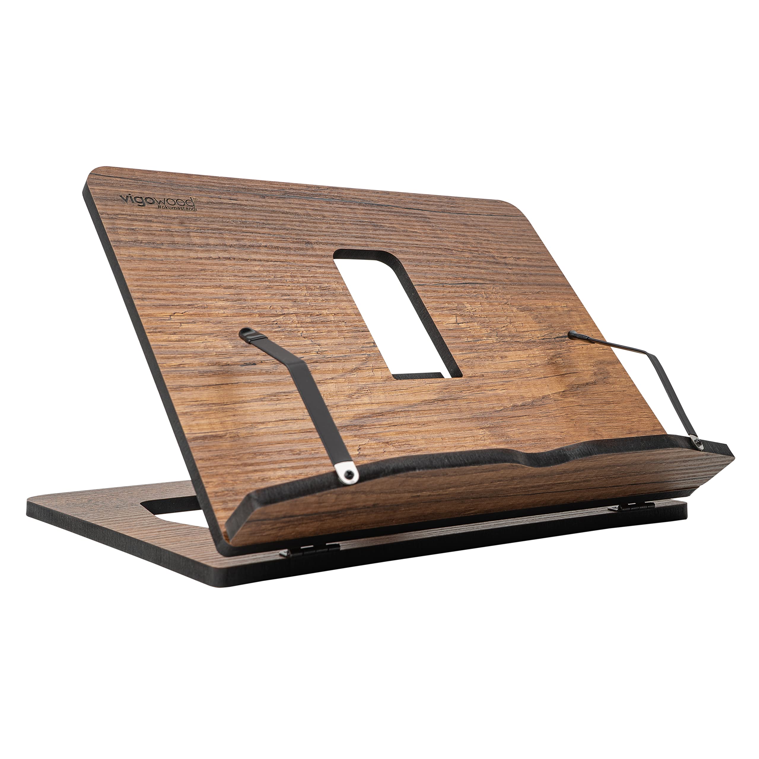 Vigo Wood walnut book stand with angle view showing adjustable support and stable base