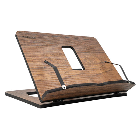 Vigo Wood walnut book stand with angle view showing adjustable support and stable base