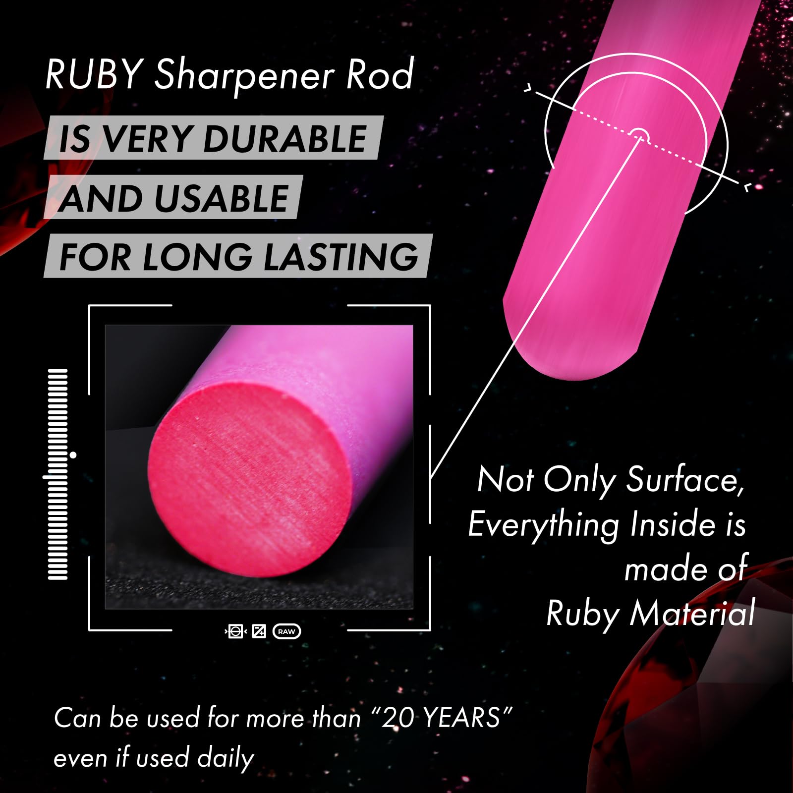 VIGORCRAFT Ruby Sharpener Rod with ergonomic non-slip handle