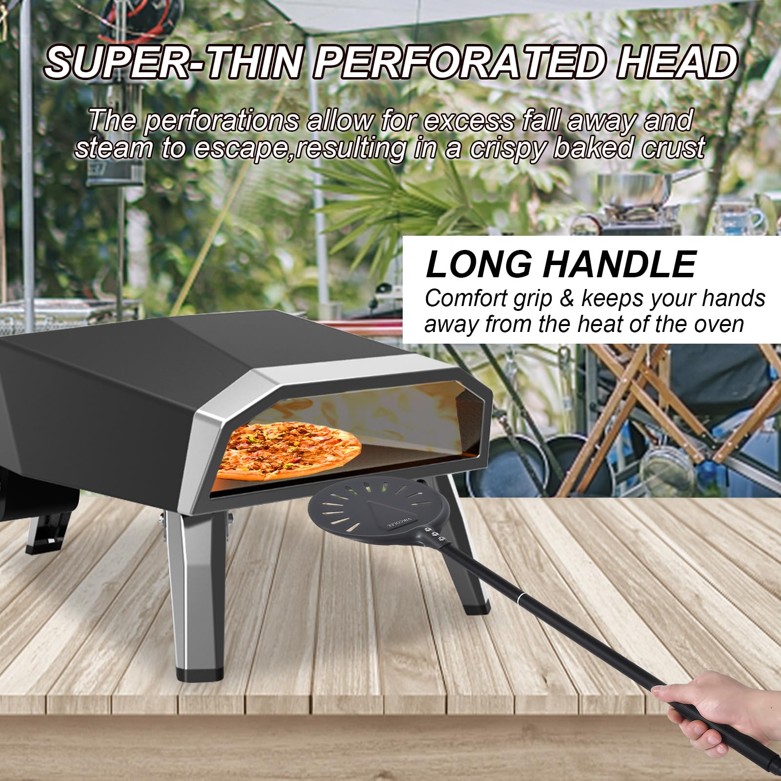 VIKCOLEE long handle enhances safety and precision when spinning pizza.