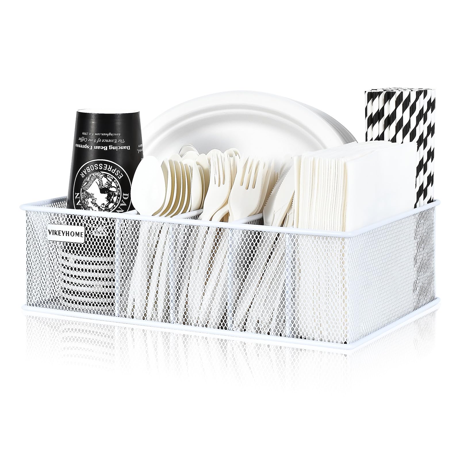 VIKEYHOME metal silverware caddy close-up highlights durable construction for outdoor meals.