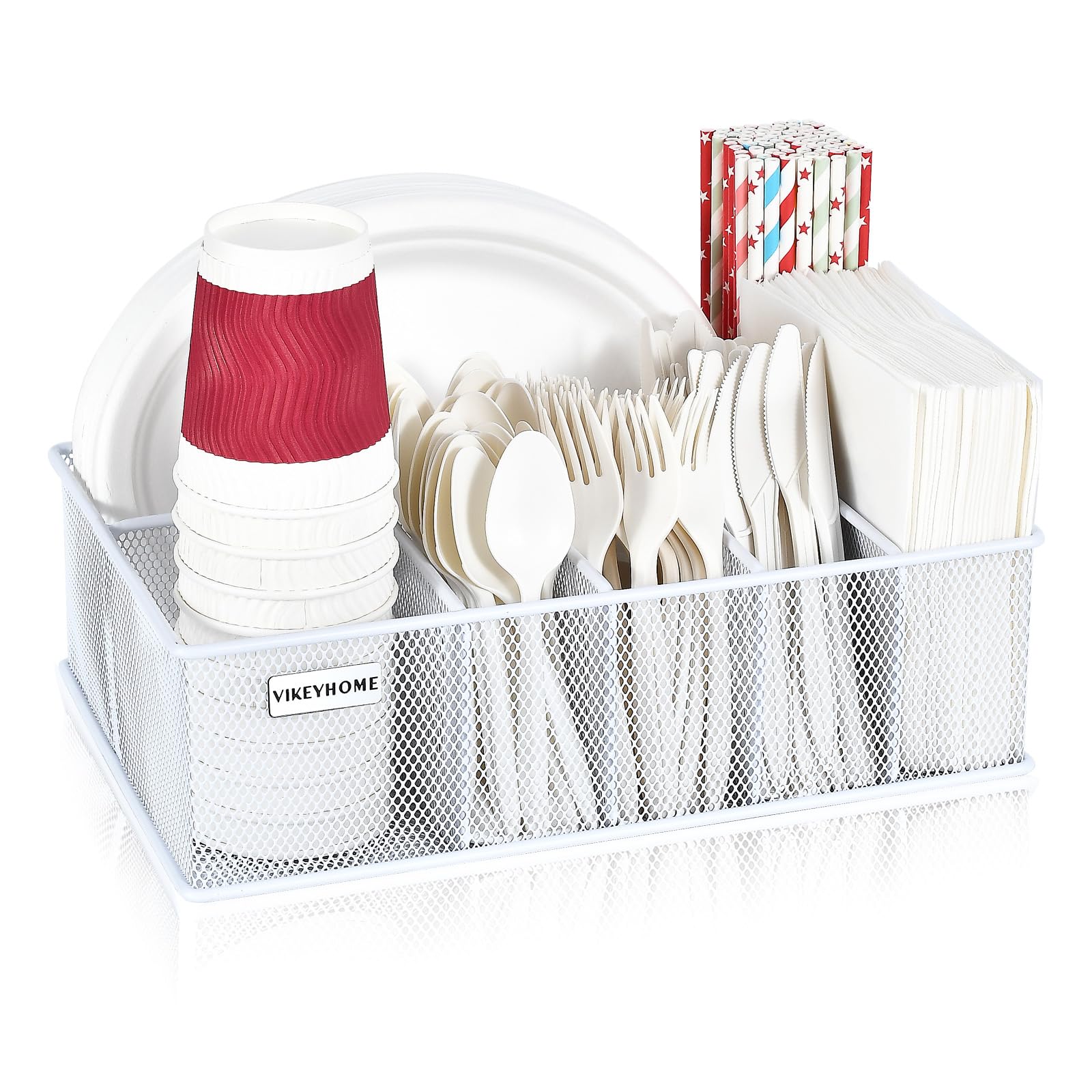 VIKEYHOME paper plate organizer with six compartments keeps plates tidy at gatherings.