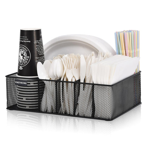 VIKEYHOME paper plate organizer on countertop keeps plates neatly accessible for meals