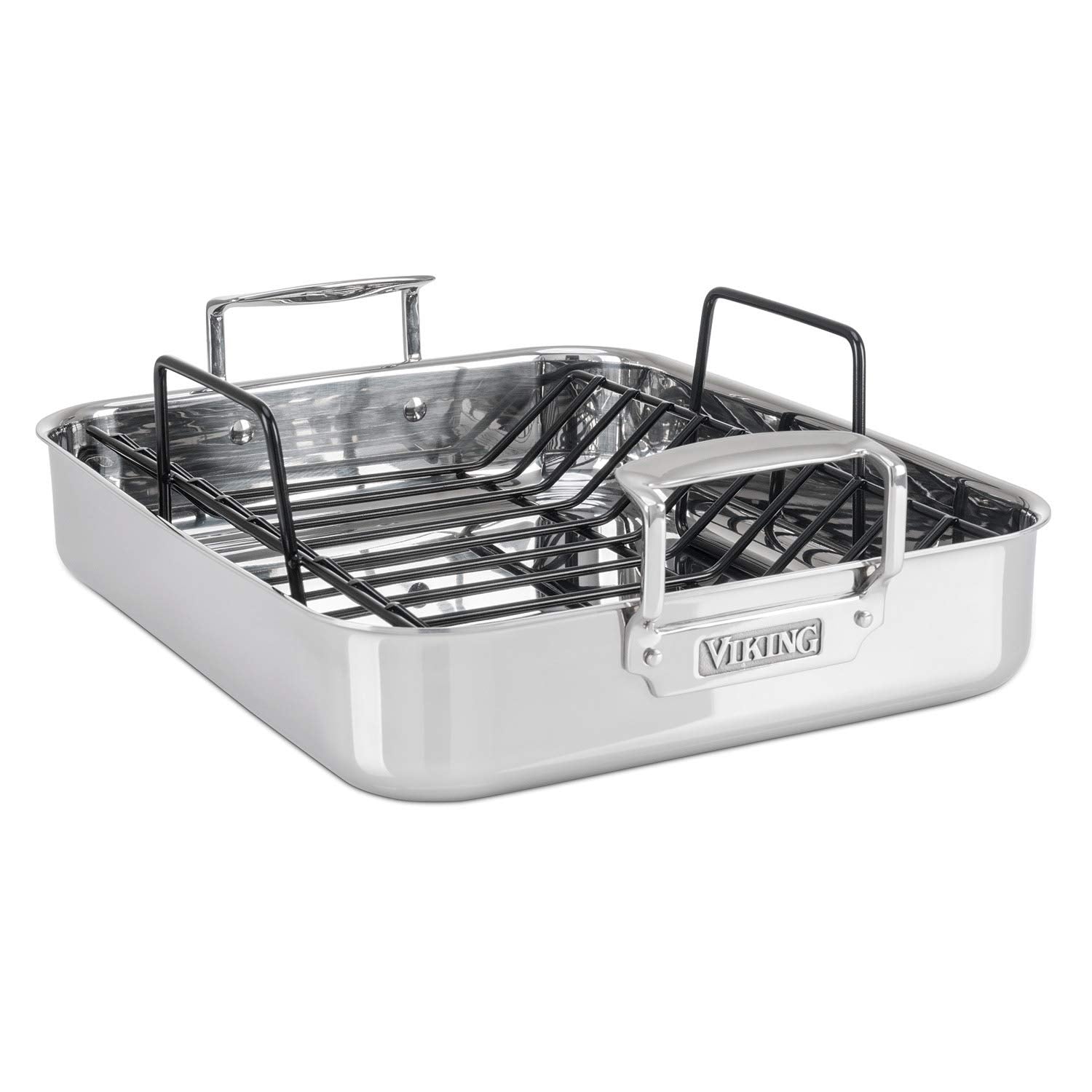 Viking 3-ply stainless roasting pan with nonstick rack, ideal for even roasting in large gatherings.