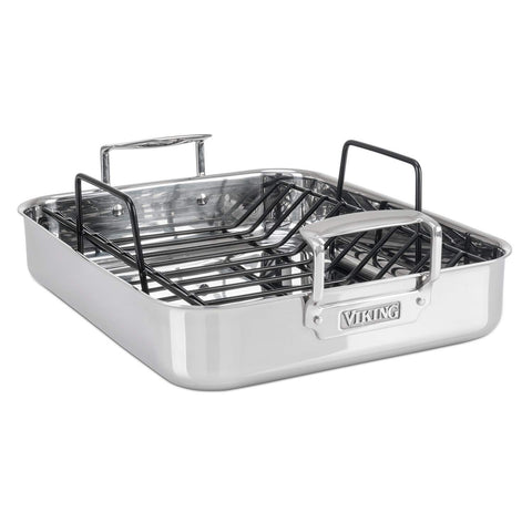 Viking 3-ply stainless roasting pan with nonstick rack, ideal for even roasting in large gatherings.