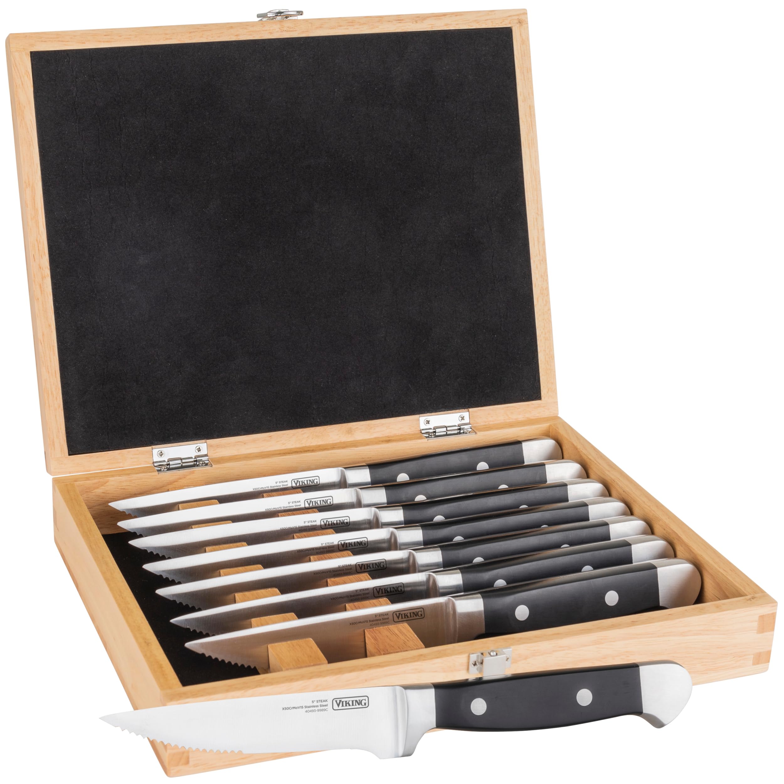 Viking 8-piece steak knife set in a wooden box, ideal for gifting and dinner parties.