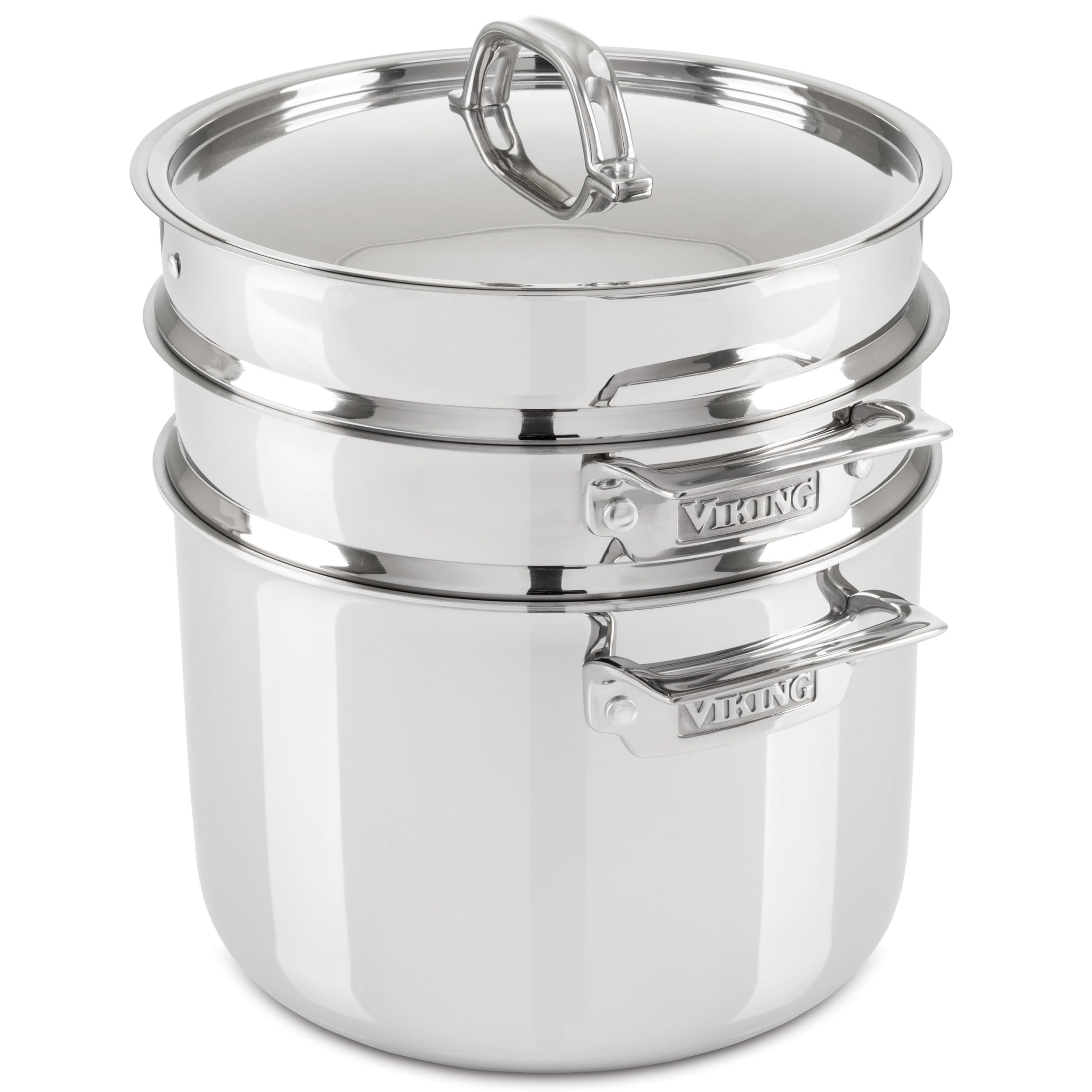 Viking 8-quart pasta pot with lid for quick, even boiling.