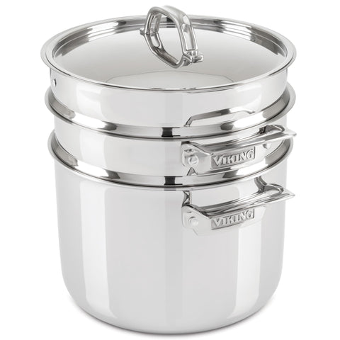 Viking 8-quart pasta pot with lid for quick, even boiling.