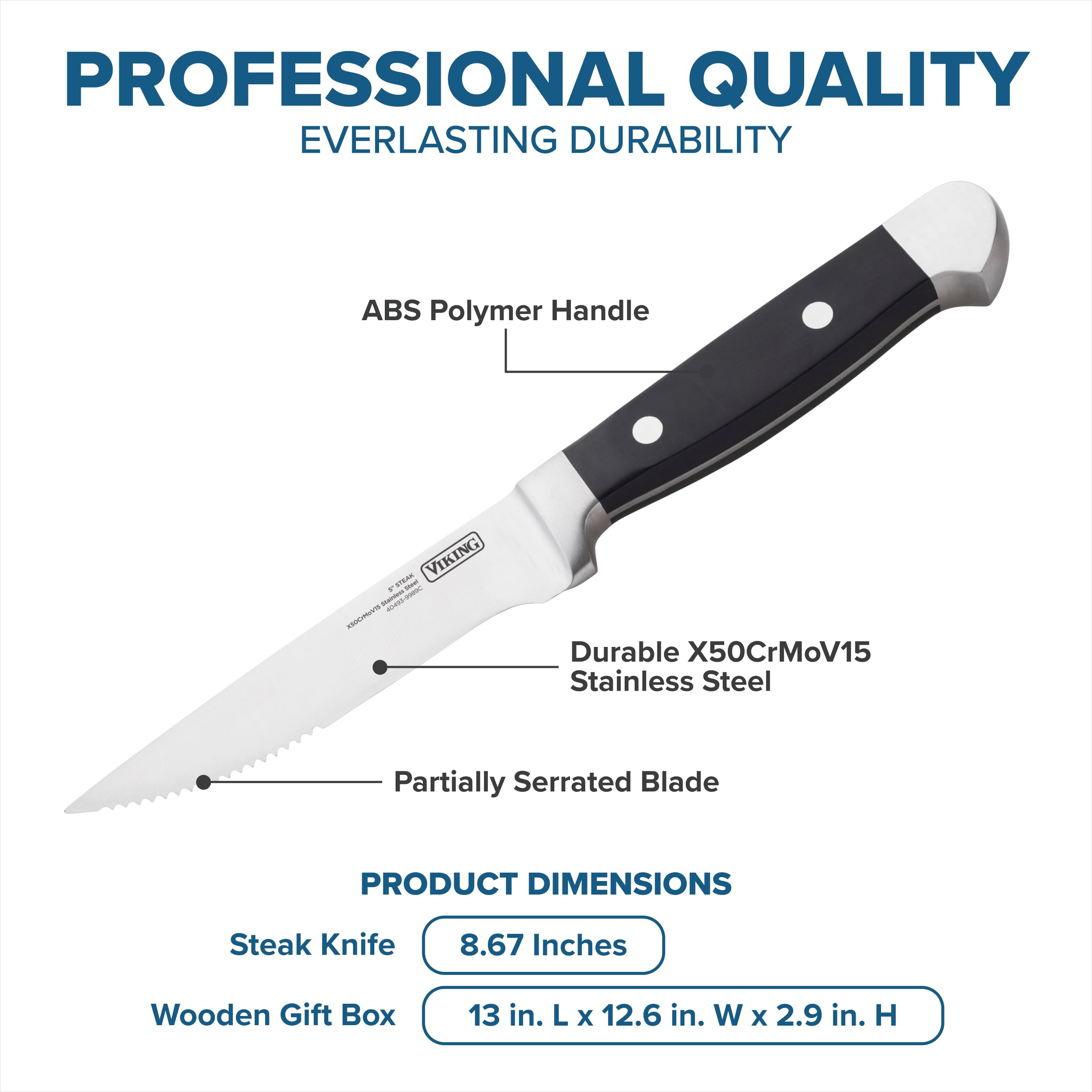 Viking ABS polymer handles provide a comfortable, balanced grip.