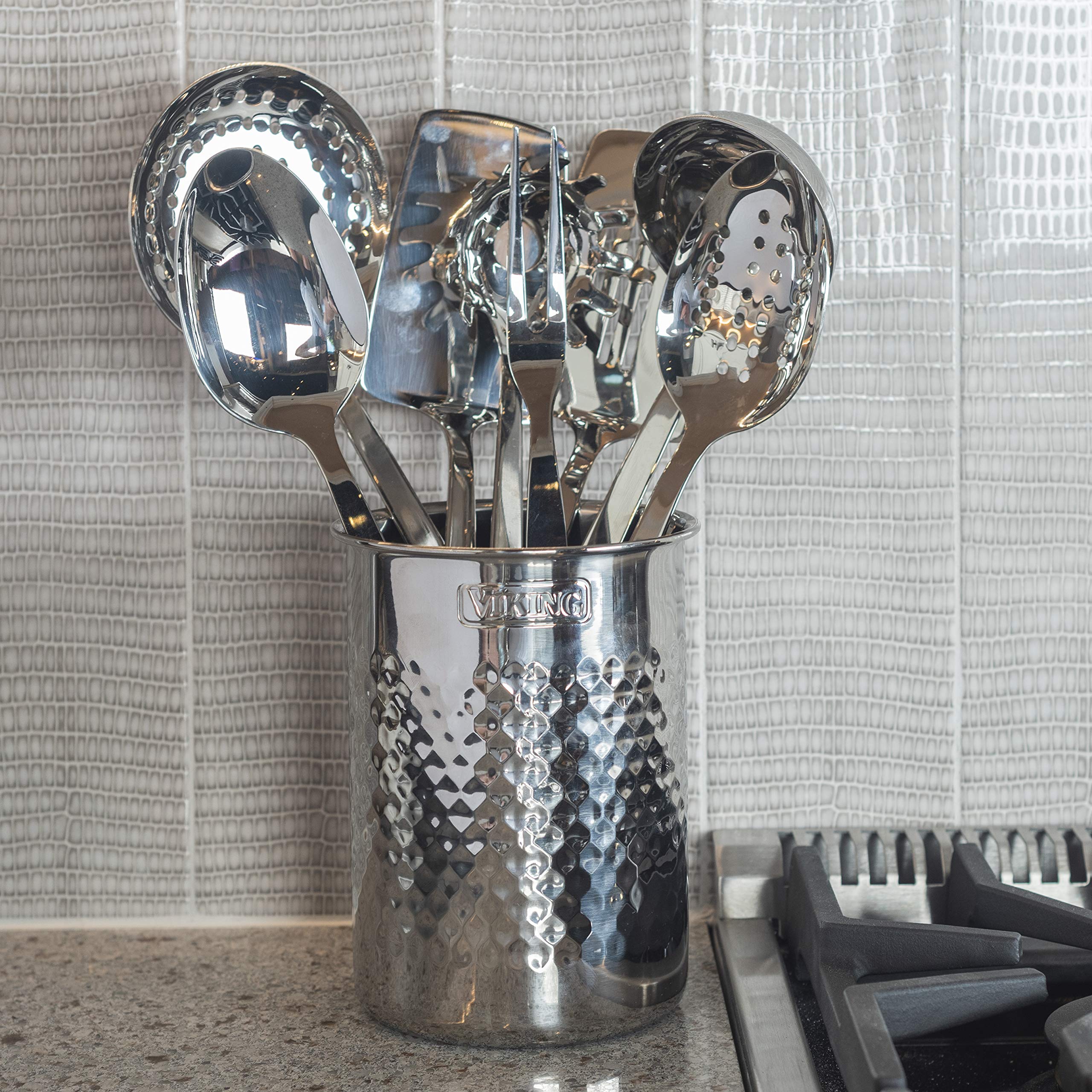 Viking hammered utensil caddy on the counter for efficient organization and stylish decor.