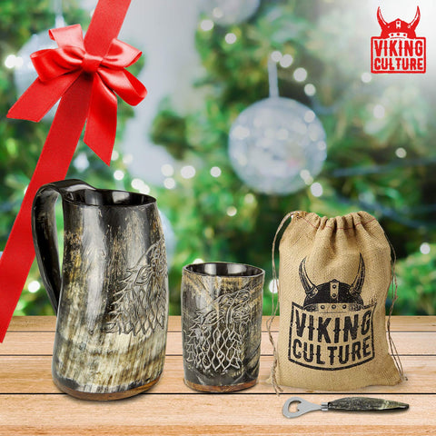 Viking Culture horn shot glass 3oz paired with horn mug for mixed drinks