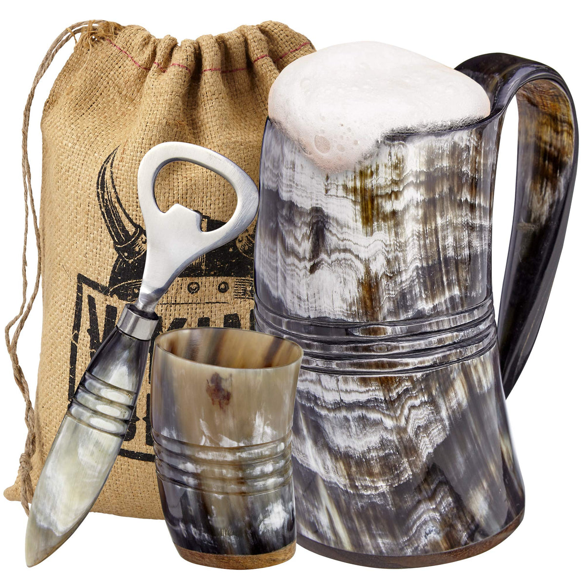 Viking Culture ox horn mug 16oz with rustic finish, perfect for craft beer enjoyment