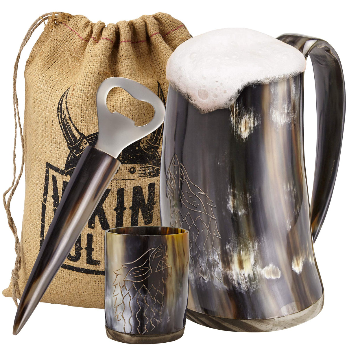 Viking Culture ox horn mug tankard shows natural color variations for a unique beer experience.