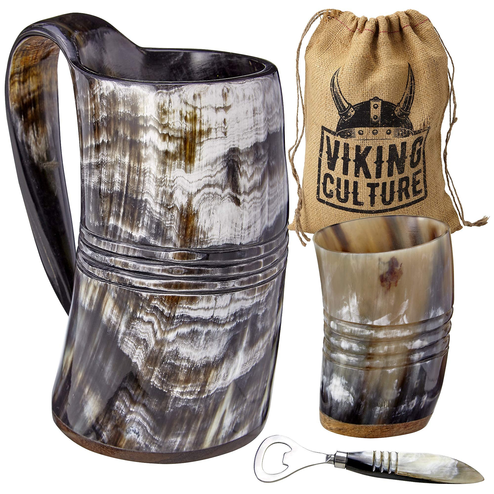 Viking Culture ox horn tankards show natural color variation for a unique tavern vibe