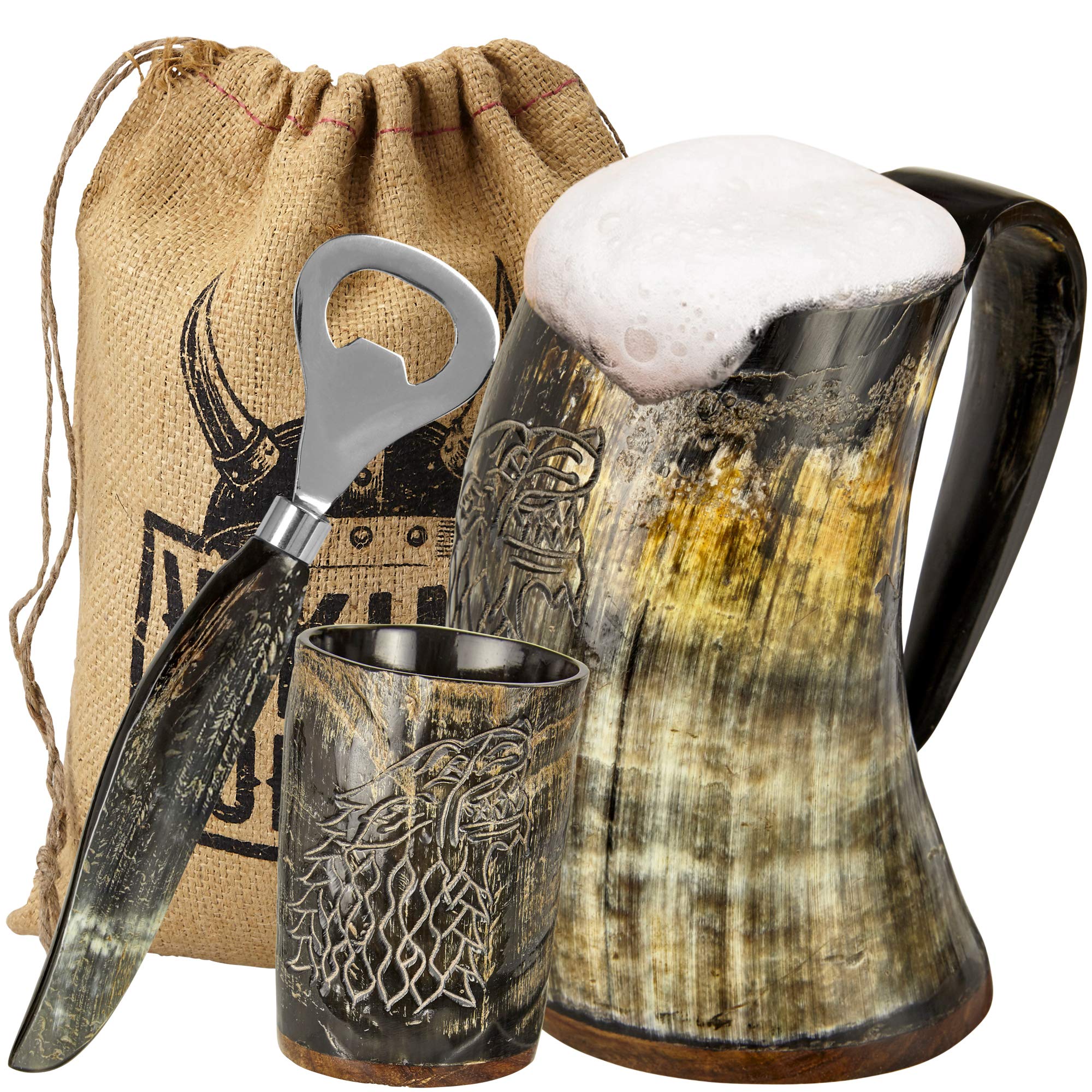 Viking Culture Viking horn mug tankard with hand carved Norse design for authentic vibes