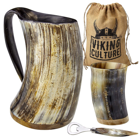 Viking Culture vintage stein with handle, natural horn beauty enhances casual gatherings and celebrations.