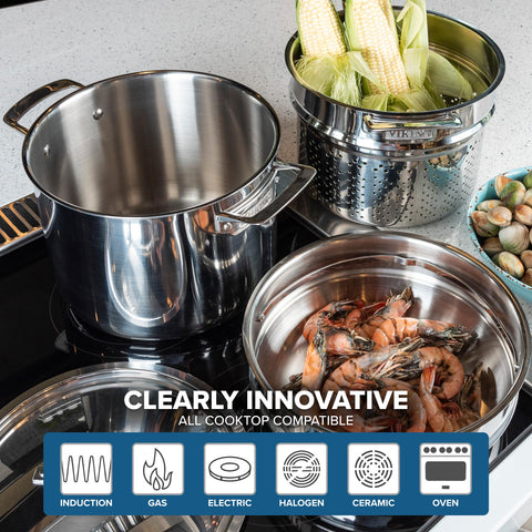 Viking multipot is induction-ready for versatile stove use.