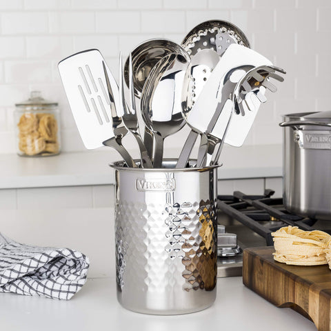 Viking utensil holder with hammered texture complements contemporary kitchens while organizing cooking tools.