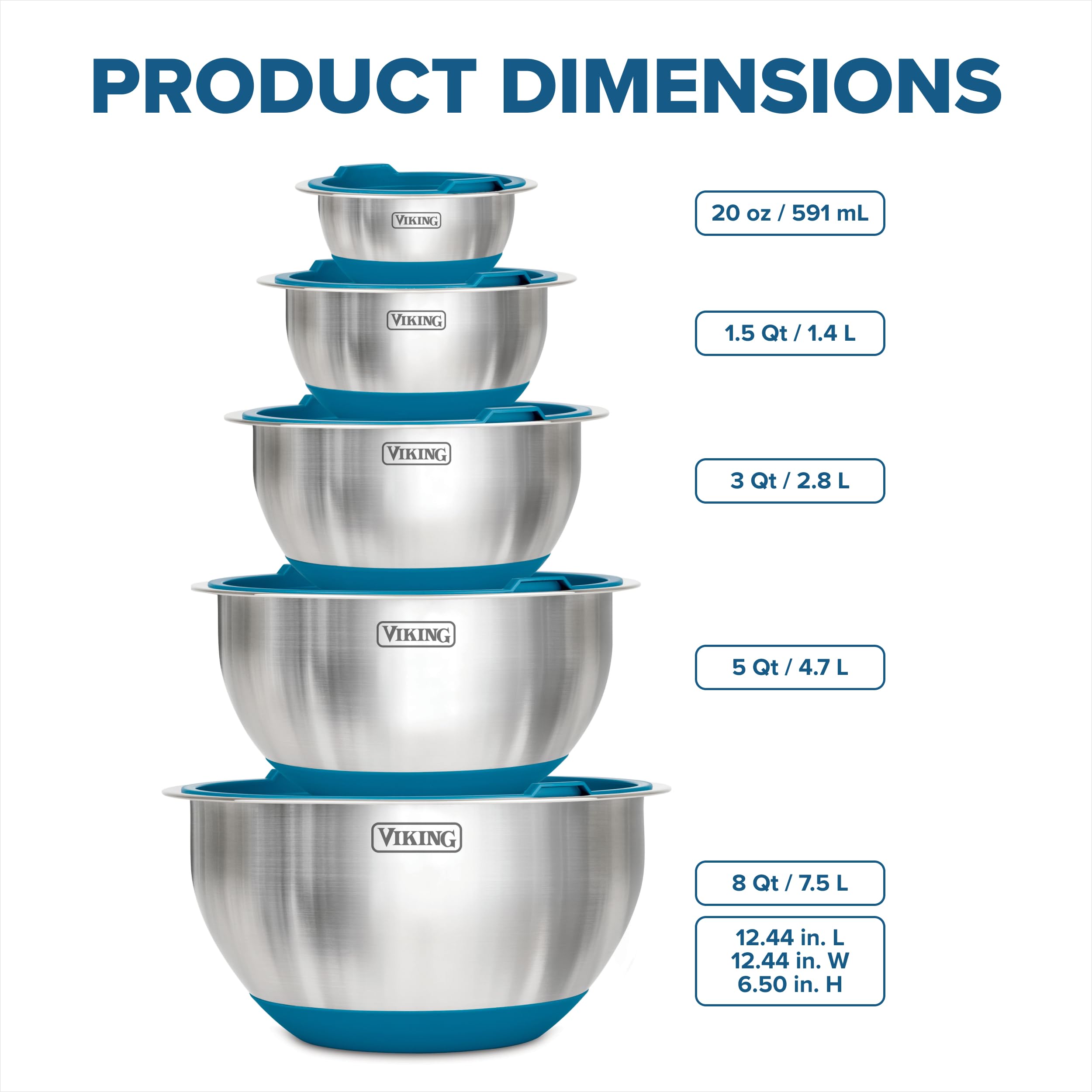 Viking mixing bowls nesting design saves kitchen space.