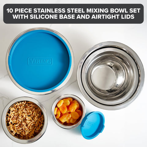 Viking mixing bowls with lid on demonstrates secure storage and freshness.