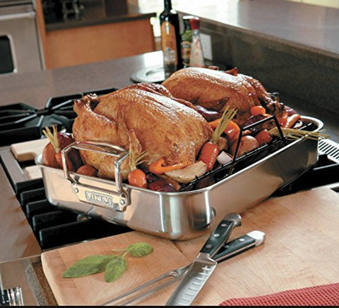 Viking roasting pan is dishwasher-safe for convenient cleanup.