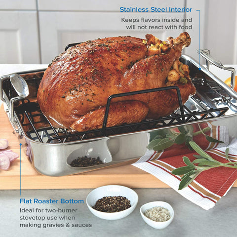 Viking roasting pan with ergonomic inverted handles for easy oven transfer.