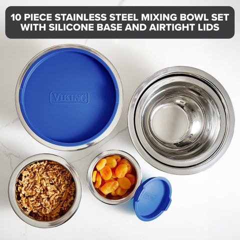 Viking stainless steel mixing bowls with a non-slip base stay steady.
