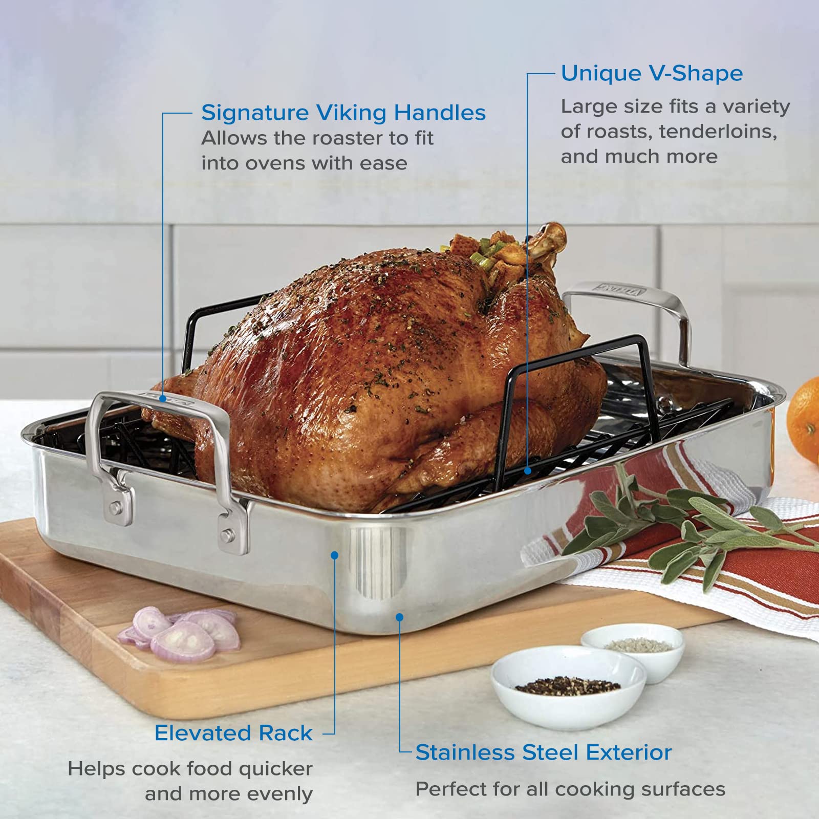 Viking 3-ply stainless steel roasting pan induction-ready for versatile use.