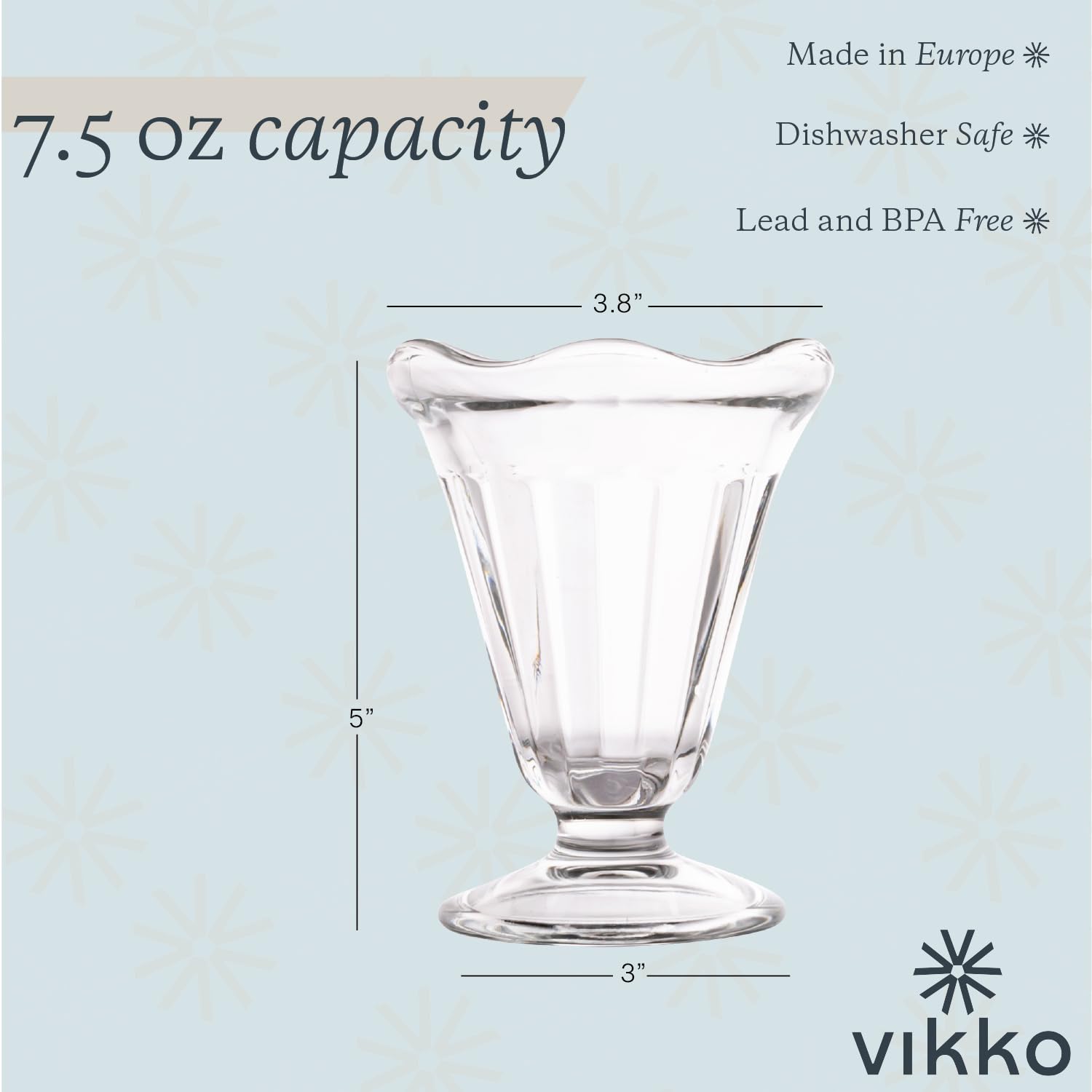 Vikko 7.5-ounce ice cream glass for parfaits and milkshakes, sturdy everyday use.