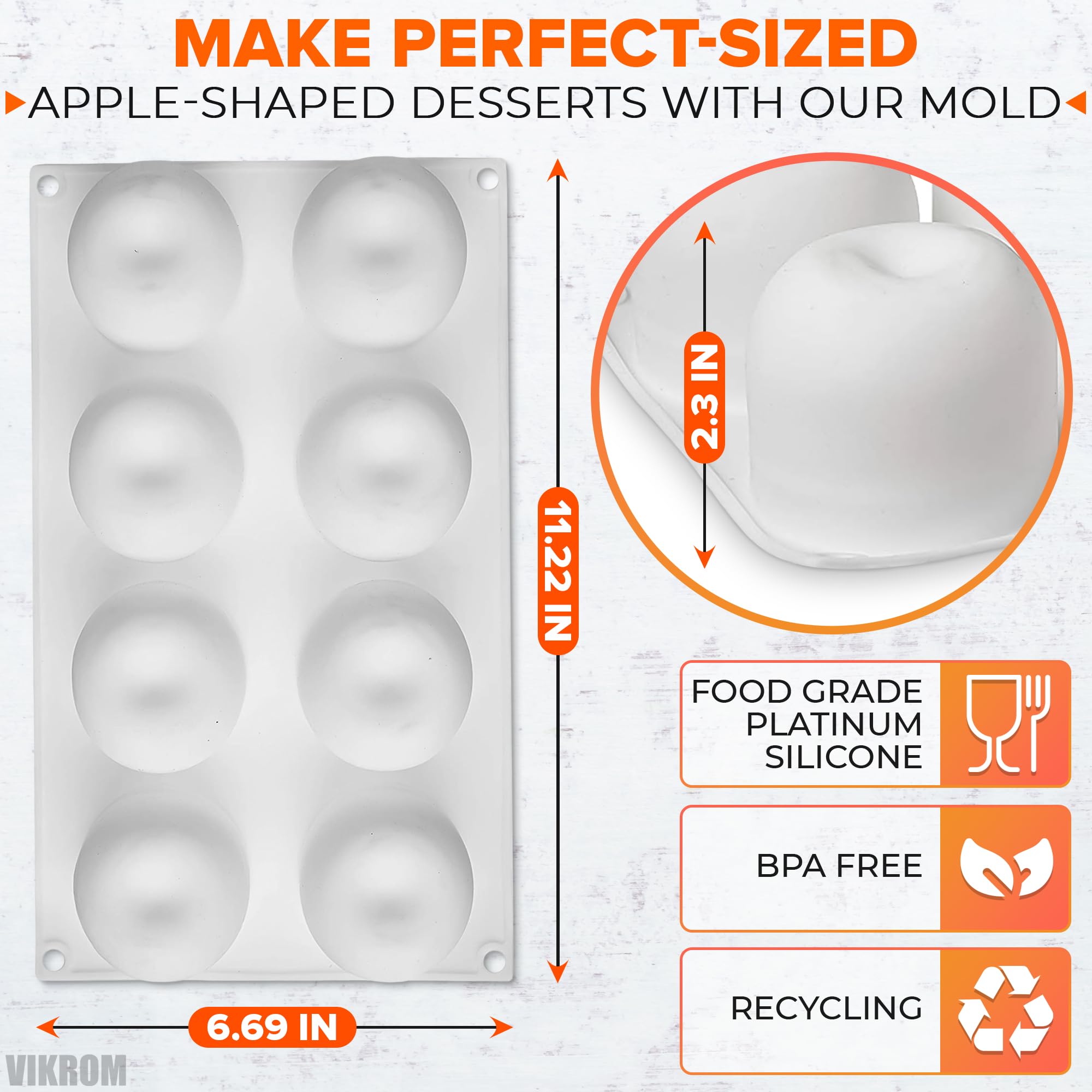 VIKROM 8-cavity apple mold cell detail highlights 3.31 by 1.26 inch cavities for precise shaping.