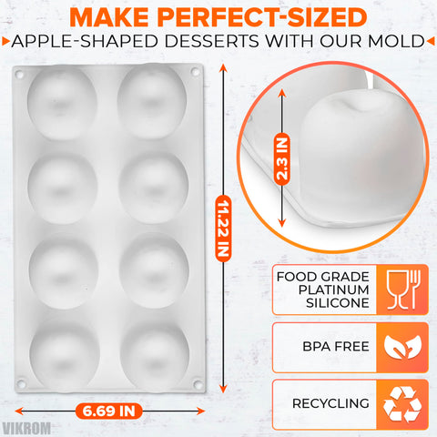 VIKROM 8-cavity apple mold cell detail highlights 3.31 by 1.26 inch cavities for precise shaping.