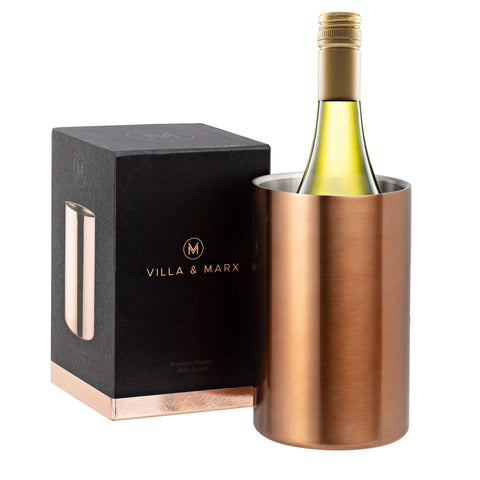 Villa & Marx wine chiller copper finish close-up on elegant table setting.