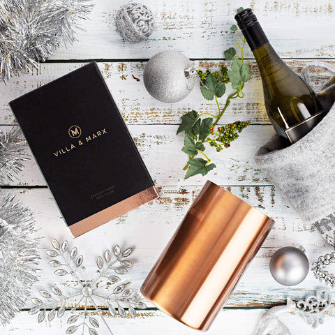 Villa & Marx wine chiller on a kitchen counter with bottle ready to chill.