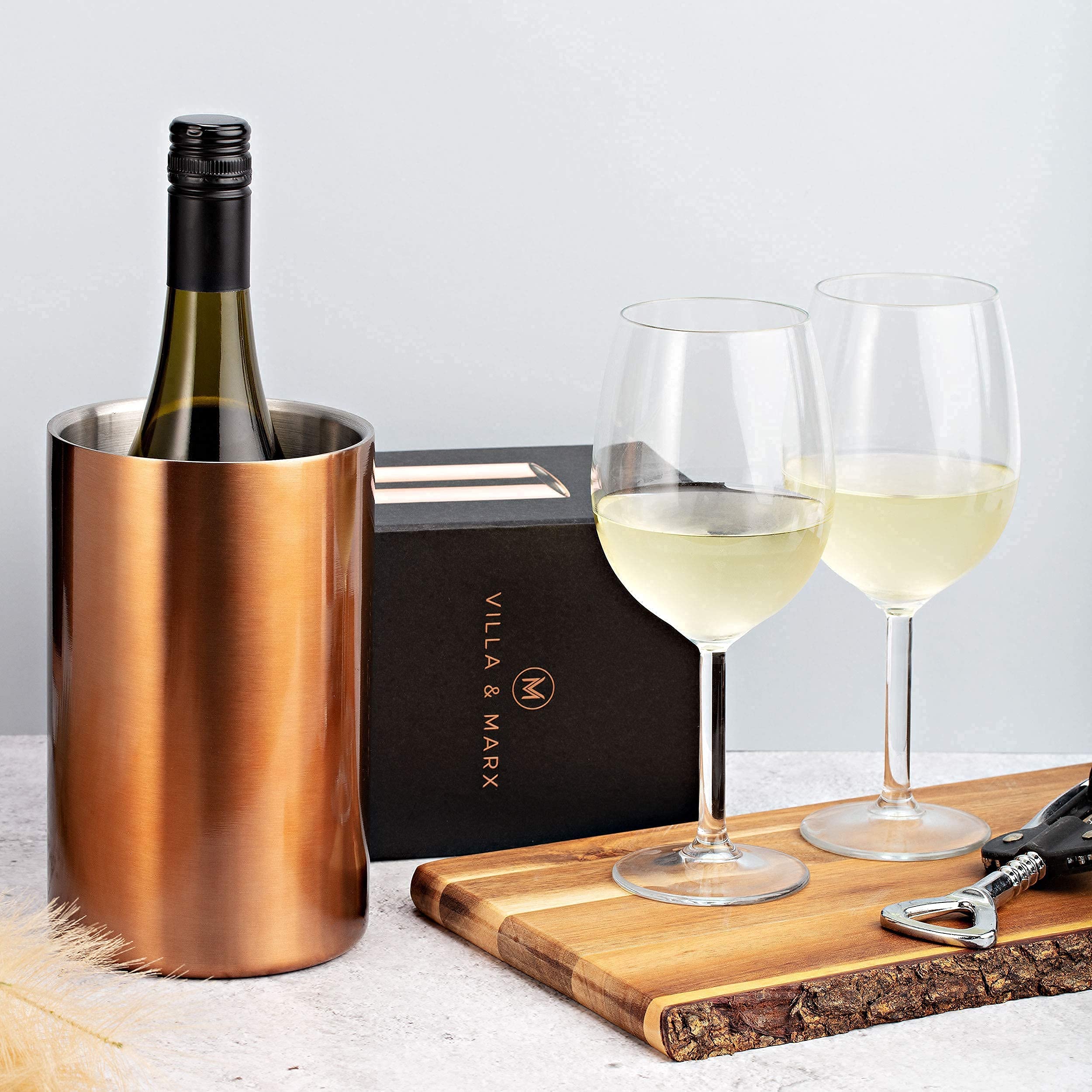 Villa & Marx wine chiller in premium gift box, ready for gifting.