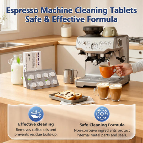 Breville compatibility label on VILLAPOOL packaging for safe cleaning.