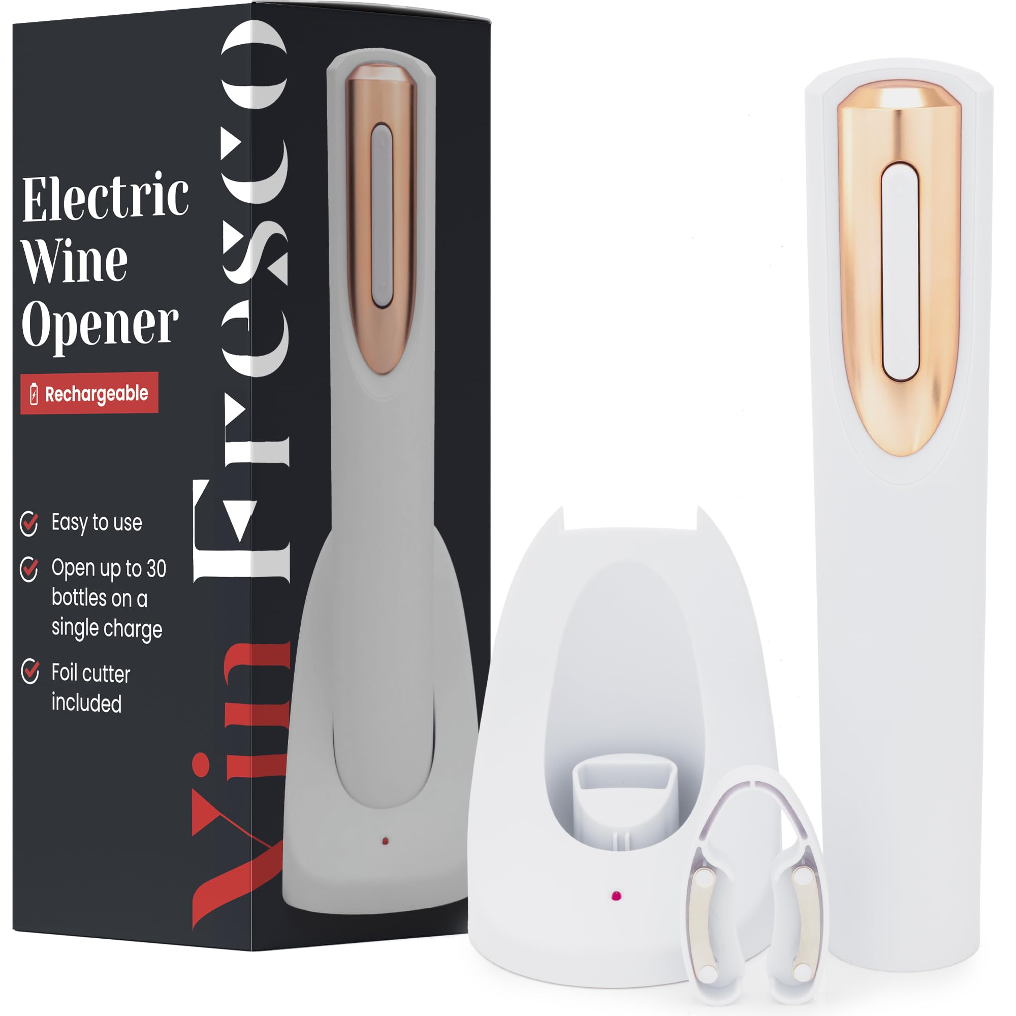 VIN FRESCO rechargeable wine bottle opener on charging base for easy cork removal.