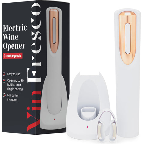 VIN FRESCO rechargeable wine bottle opener on charging base for easy cork removal.