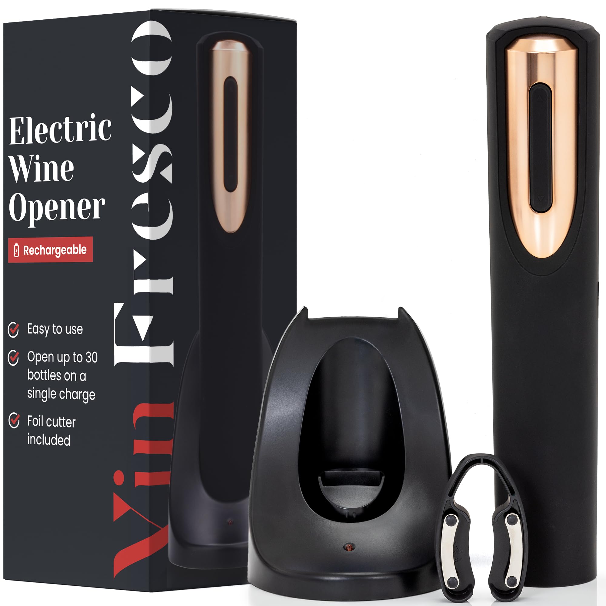 VIN FRESCO rechargeable wine opener with base and foil cutter for quick cork removal