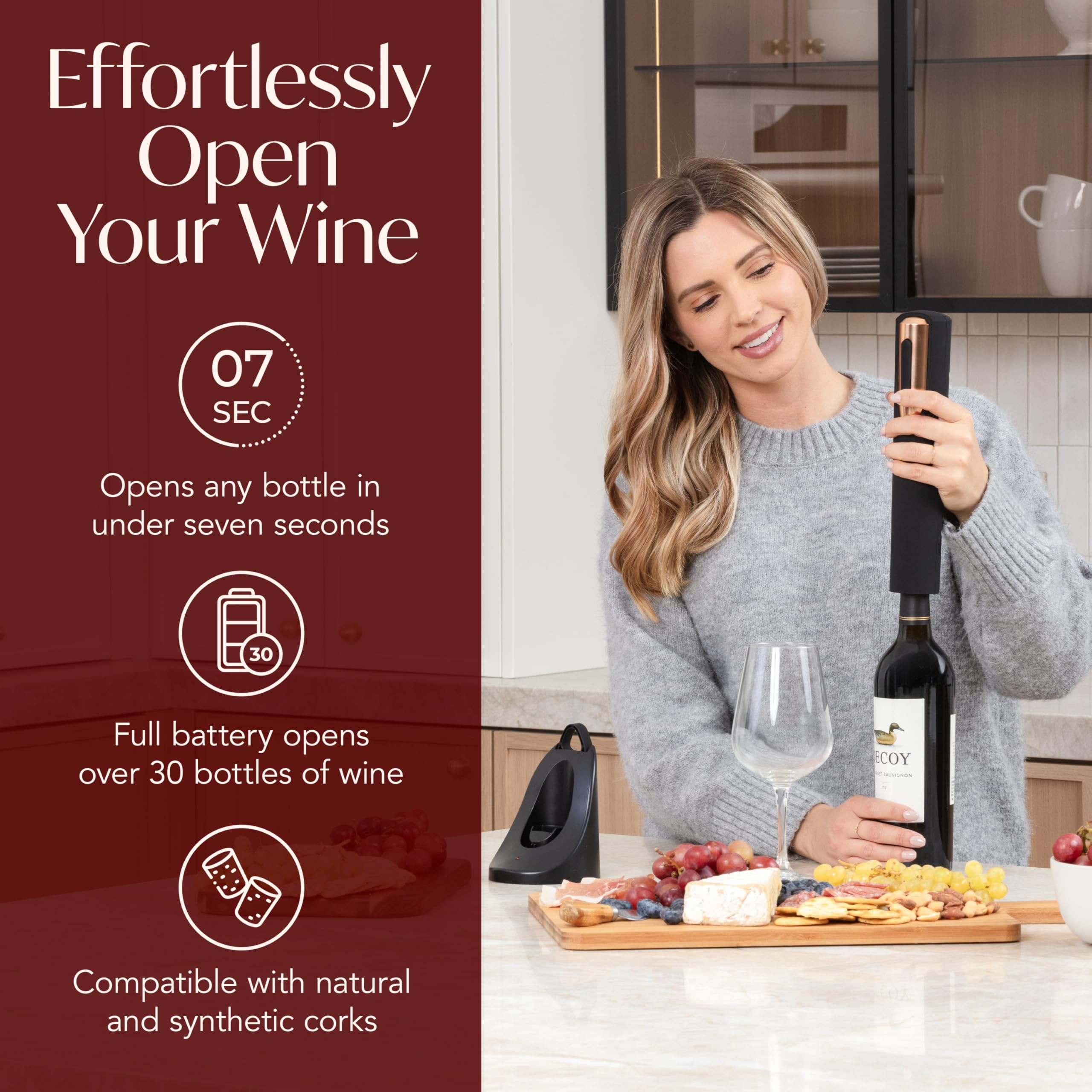 VIN FRESCO rose-gold and black electric corkscrew opens bottles with ease