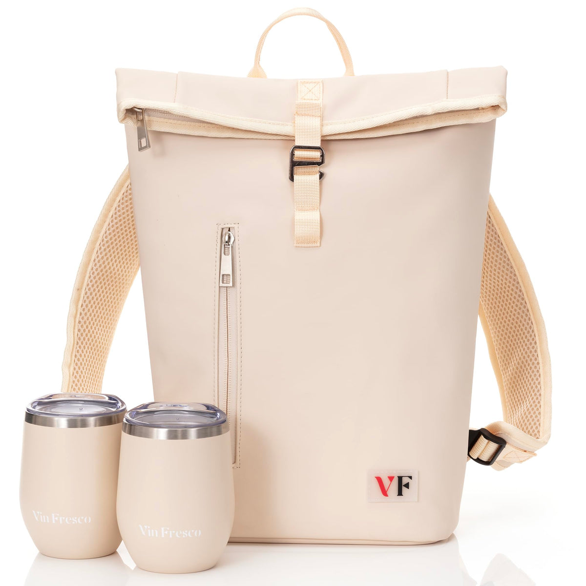 VIN FRESCO two-bottle rolltop wine tote front view for stylish outdoor picnics.
