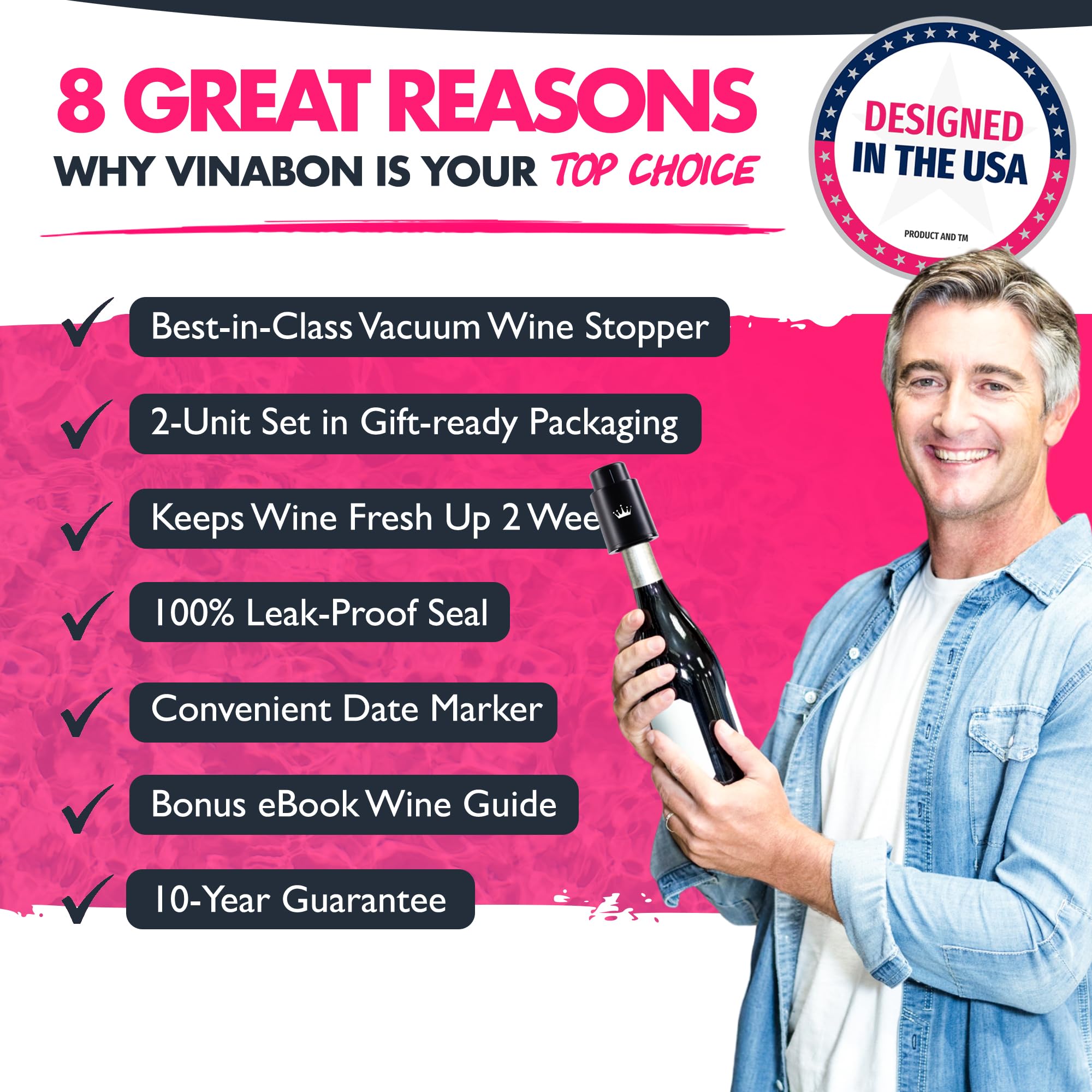 VINABON one-pump button shows easy air removal for wine.